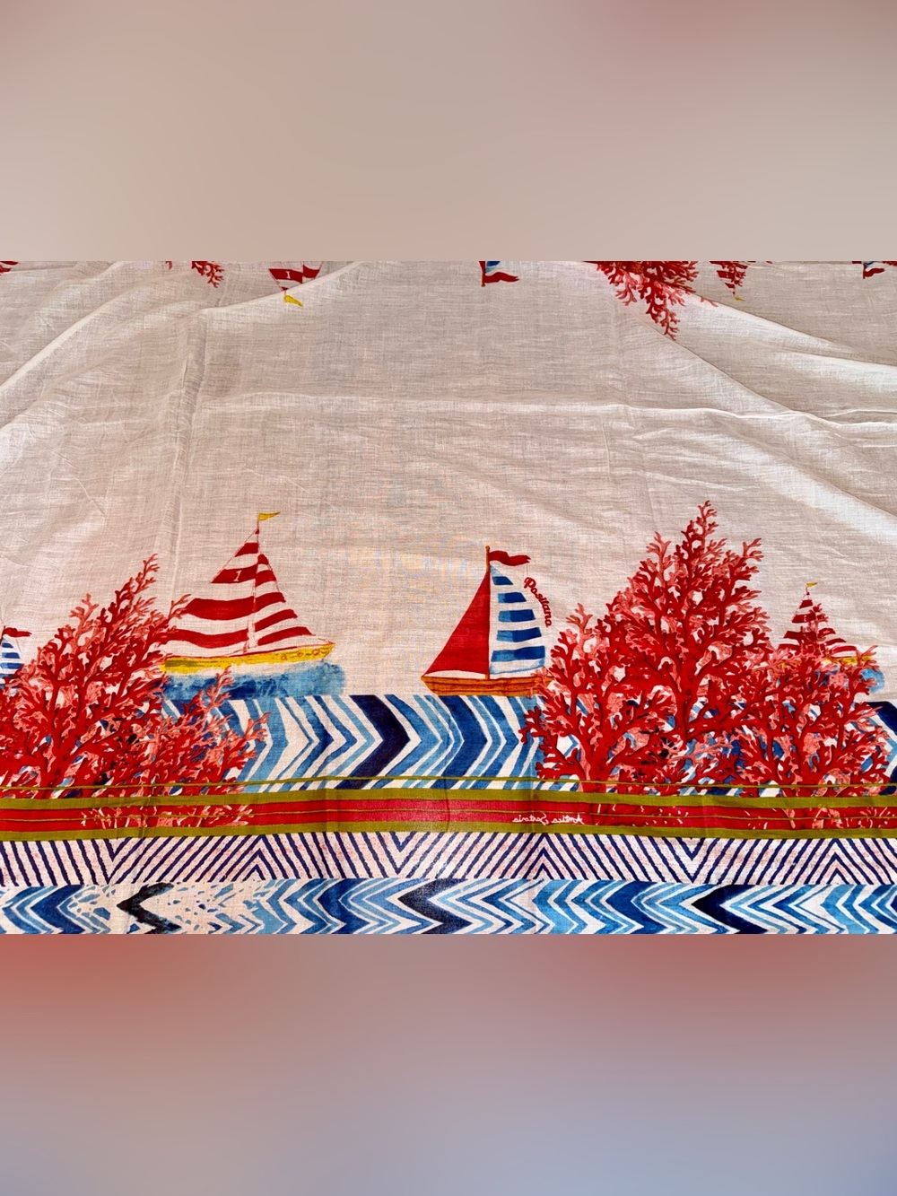 Antica Sartoria Charming Large Linen Scarf- Italian Sailboats and Coral, NWOT